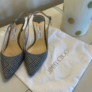 Jimmy Choo sling-back kitten heels. Silver sparkle. Size 38.
